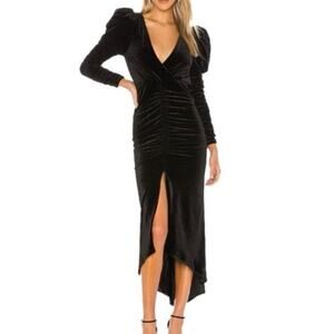 RONNY KOBO Alicia Black Velvet Ruched Midi Dress - Medium - Revolve NWT